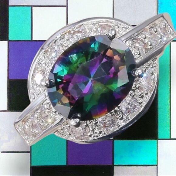 STELLAR WHITE GOLD DIPPED MYSTIC TOPAZ ENGAGEMENT/FASHION RING SZ7 S7 SIZE 7 - Picture 1 of 6
